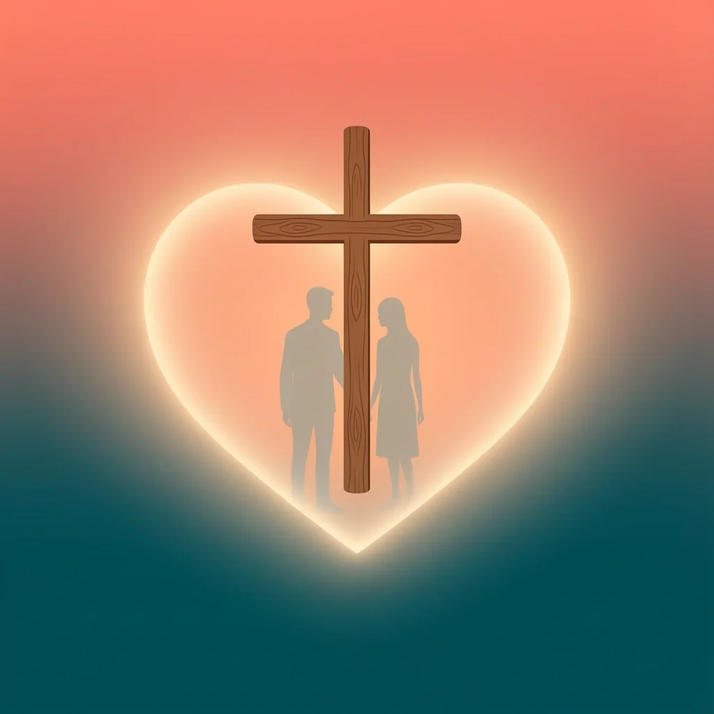 A glowing heart with a cross and two silhouettes representing a marriage under prayer