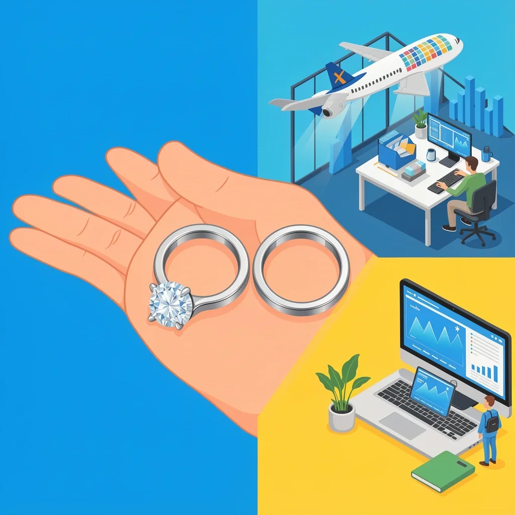 Hand holding a real wedding ring and a fake wedding ring, split background representing travel and work