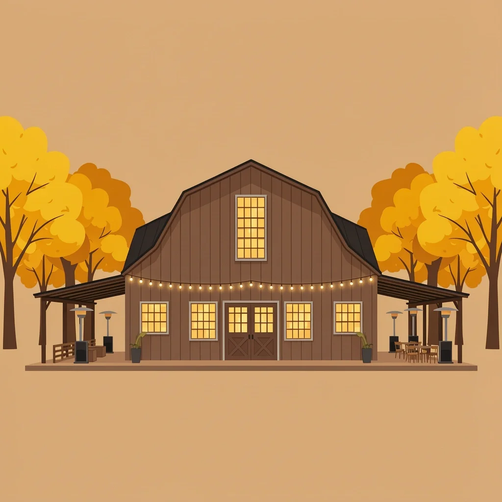 Historic barn wedding venue in fall with heaters and string lights