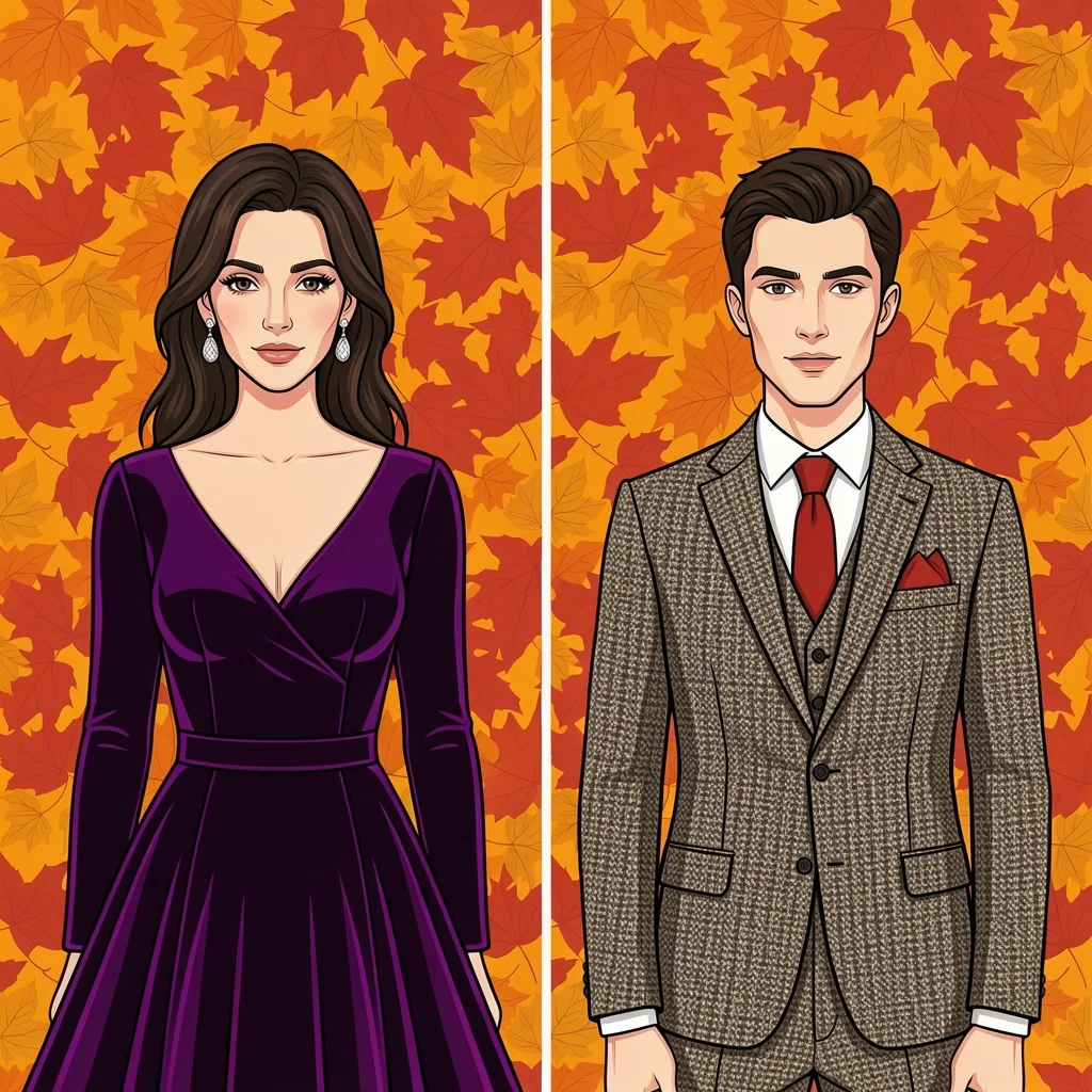 Bride in velvet dress and groom in tweed suit for fall wedding attire