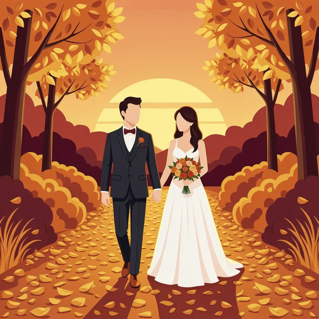 Fall wedding couple walking on leaf-covered path during golden hour