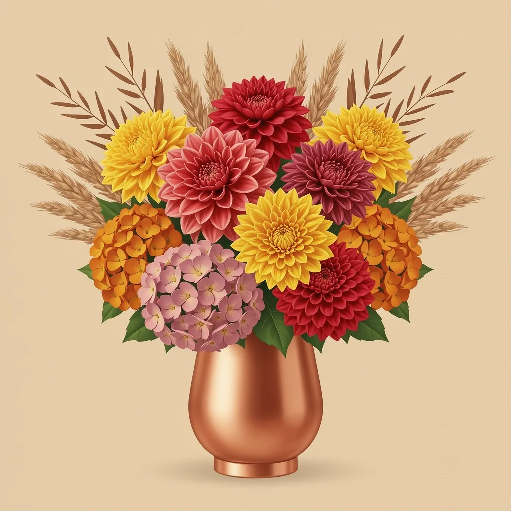 Fall wedding bouquet with dahlias, chrysanthemums, and dried grasses in copper vase