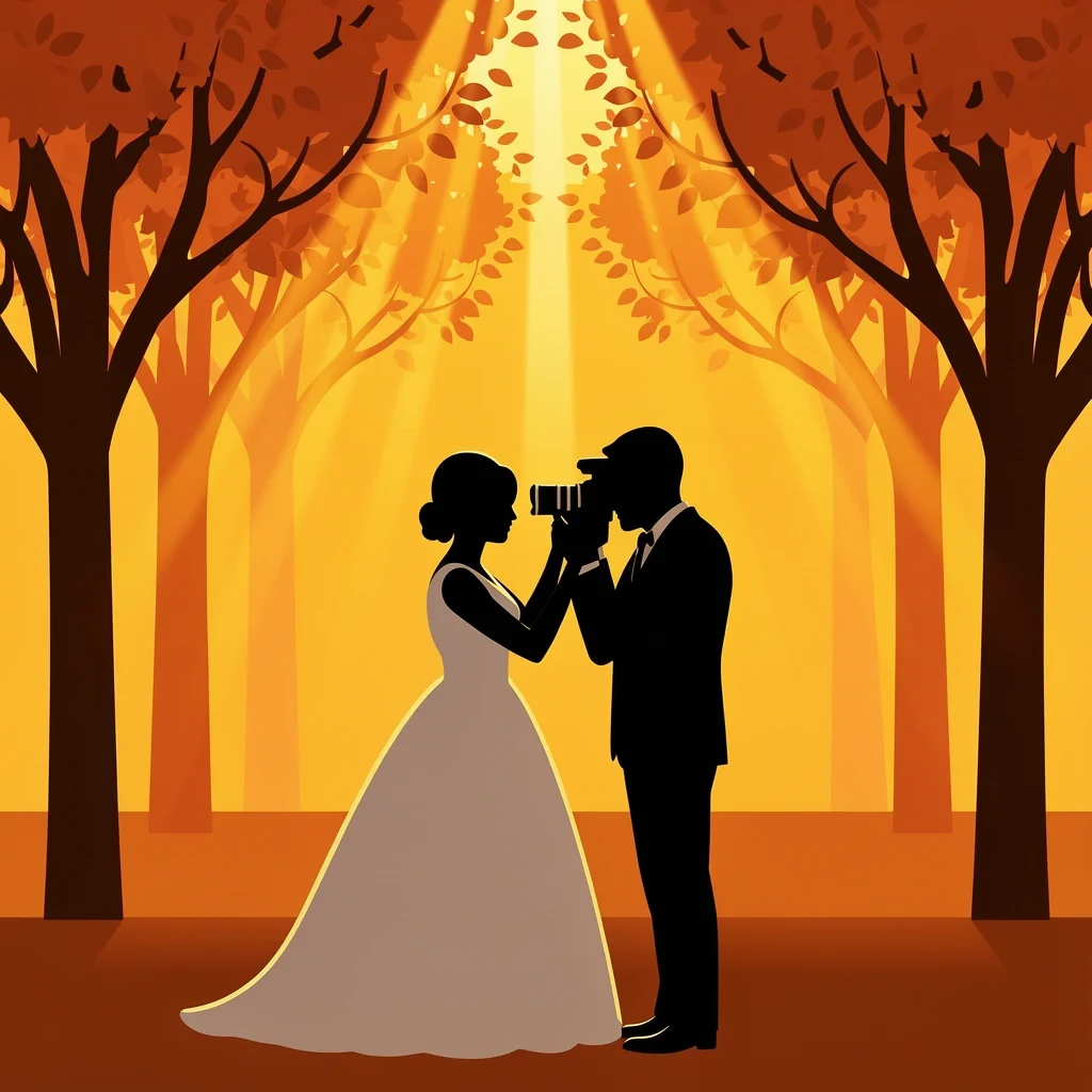 Wedding photographer capturing couple during fall golden hour