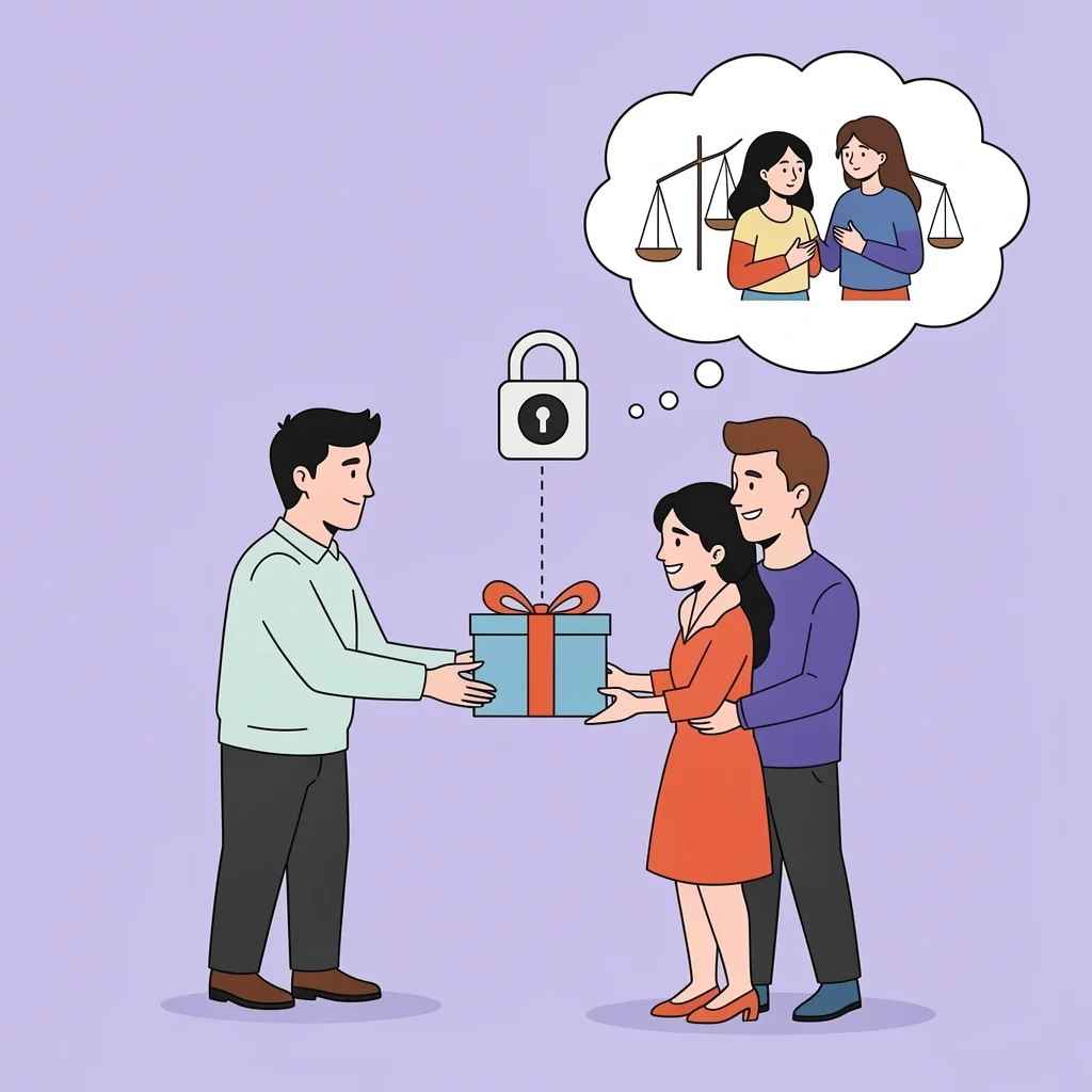 Parents handing a gift box to a couple with a padlock icon symbolizing strings attached.