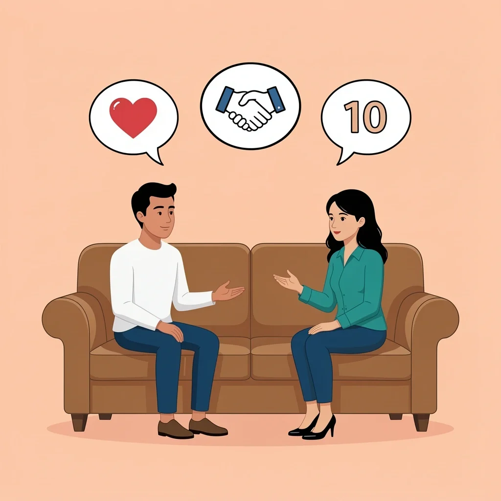 Wedding Family Politics Scripts Couple talking to mother with speech bubbles showing heart and number icons for diplomacy
