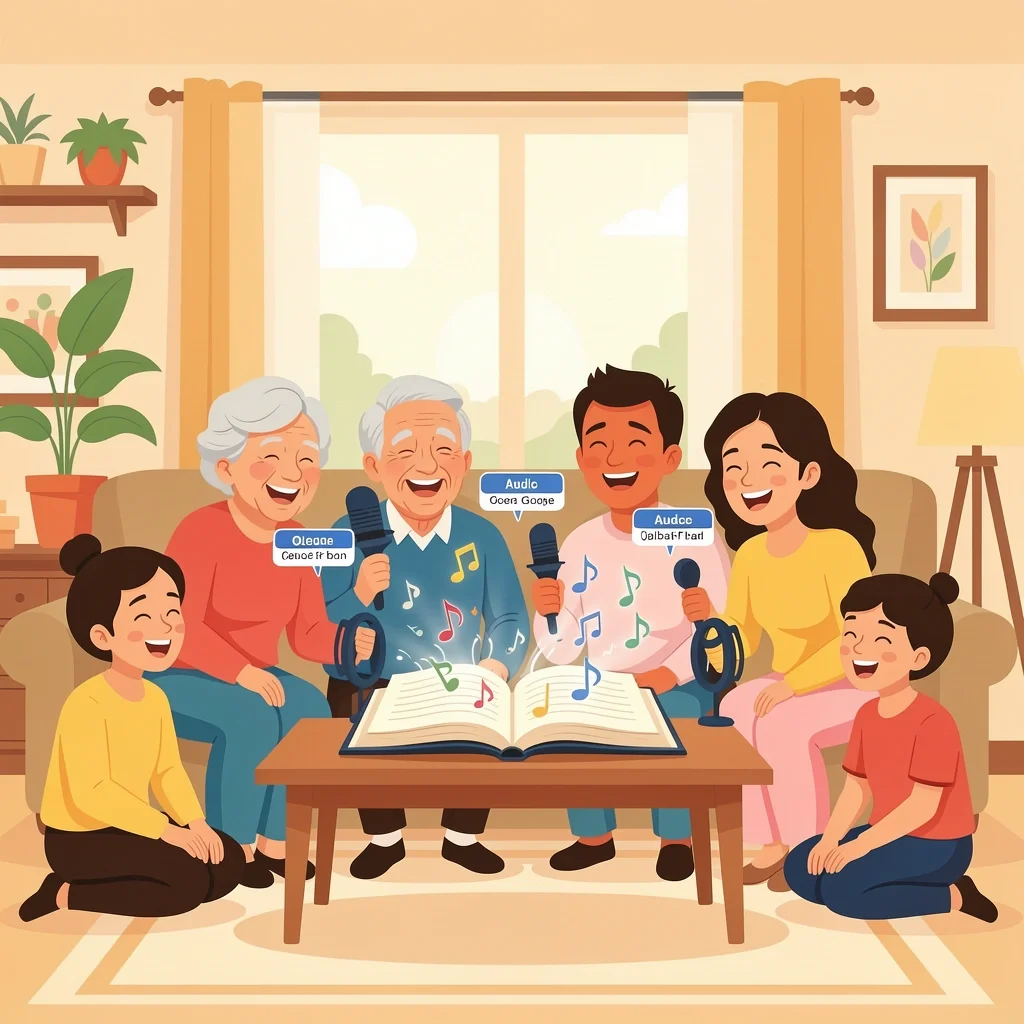 Family members recording voice messages in an audio guestbook for 60th anniversary