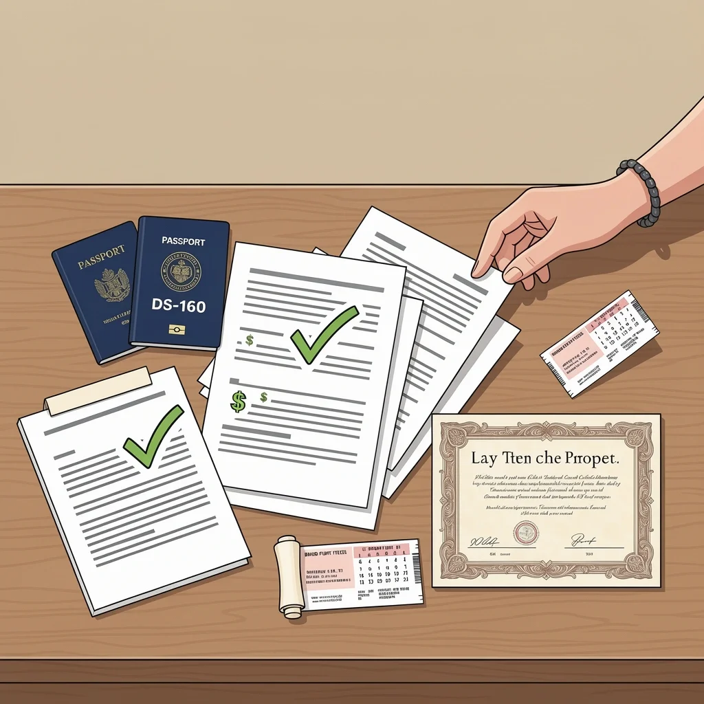 Family visa applicant organizing essential documents: passport, DS-160, bank statements, property deed, and return ticket