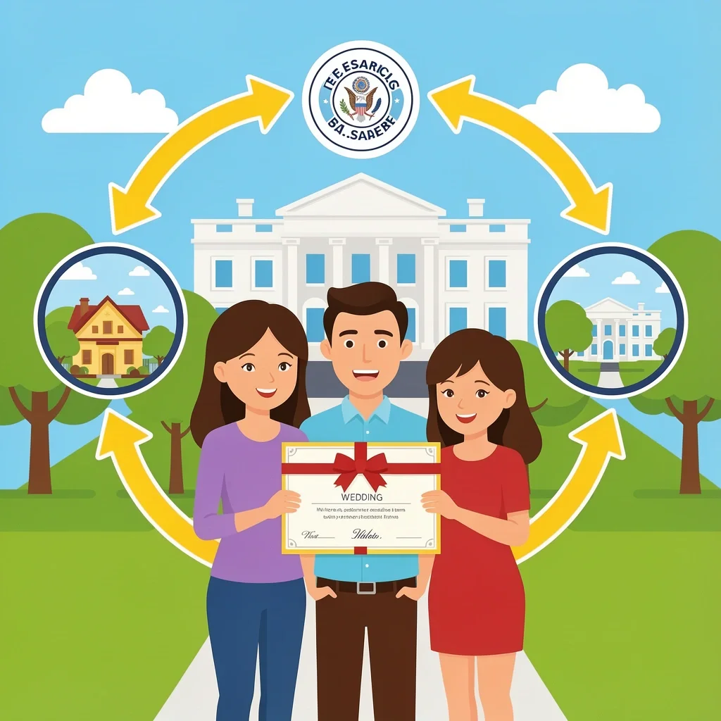 Family holding wedding invitation with U.S. embassy and arrow path showing round trip for visa application