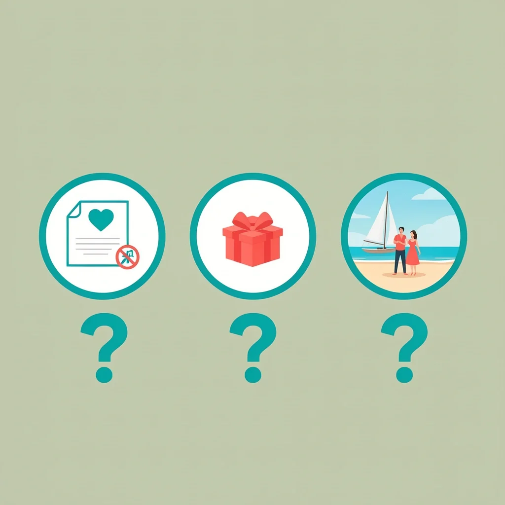 FAQ visual with invitation, gift box, and couple on beach representing registry questions