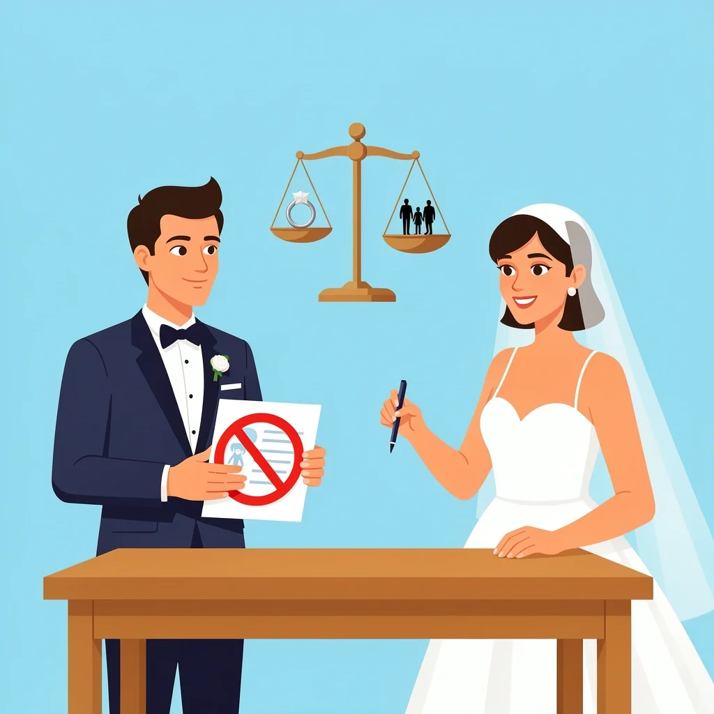Wedding couple deciding on children inclusion at their wedding, with a guest list and a scale symbolizing the weight of the decision