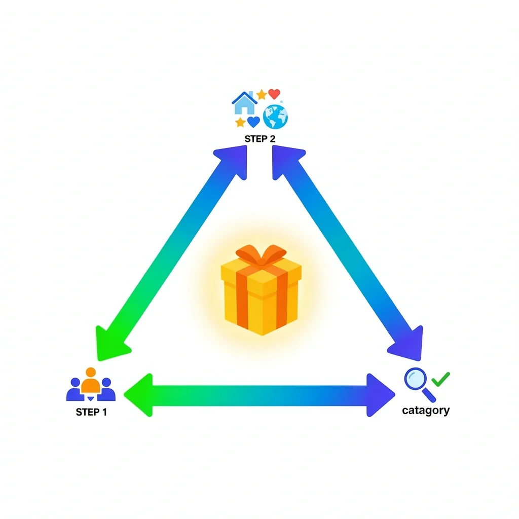 Final Wedding Gift Decision Framework Triangular decision path vector with icons for relationship tier, gift category, and quality verification leading to a gift box