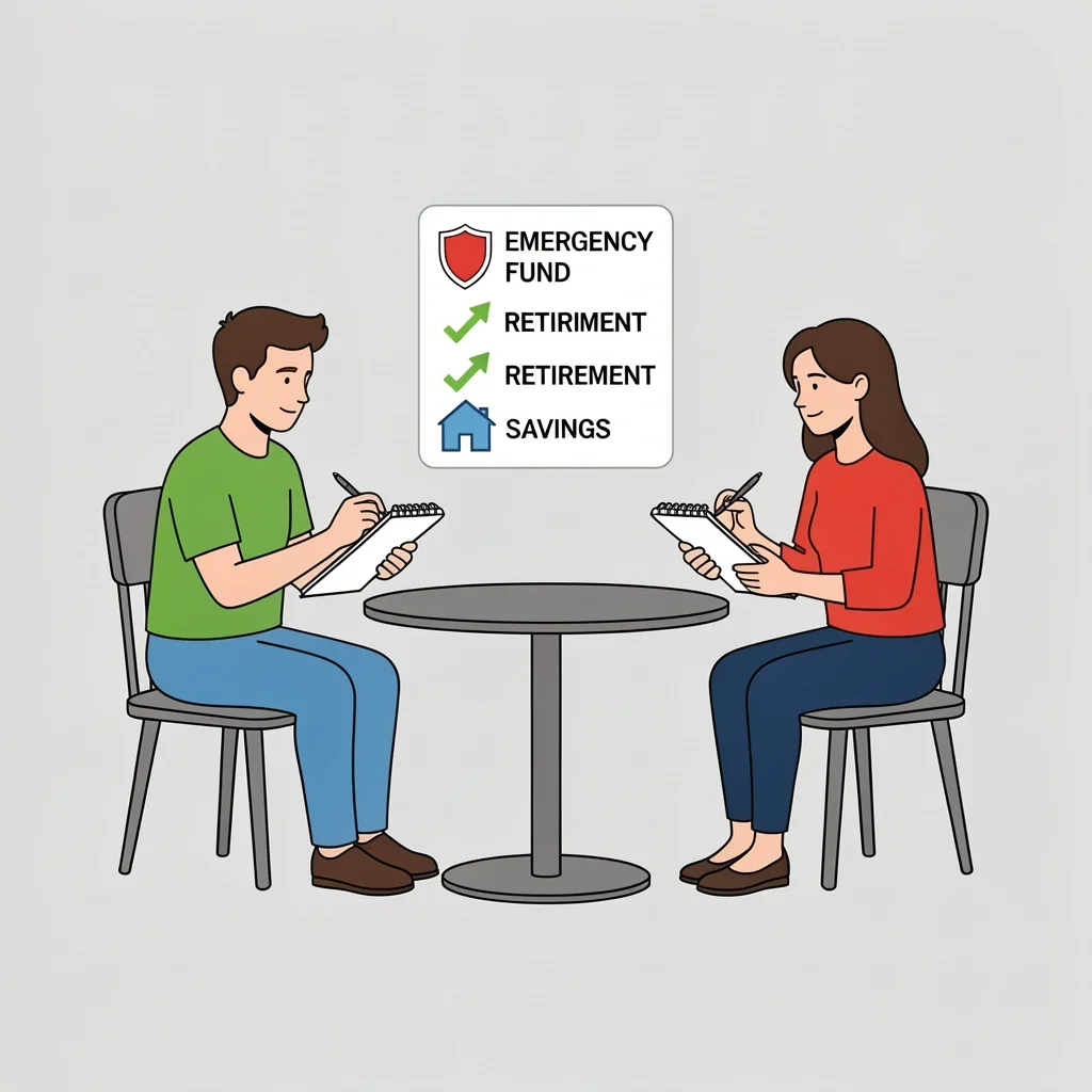 Couple discussing their finances with a floating checklist of emergency fund, retirement, and savings.