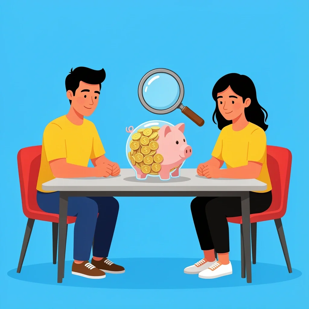 Financial Transparency for Marriage Illustration Couple examining a transparent piggy bank with a magnifying glass, representing financial transparency in marriage
