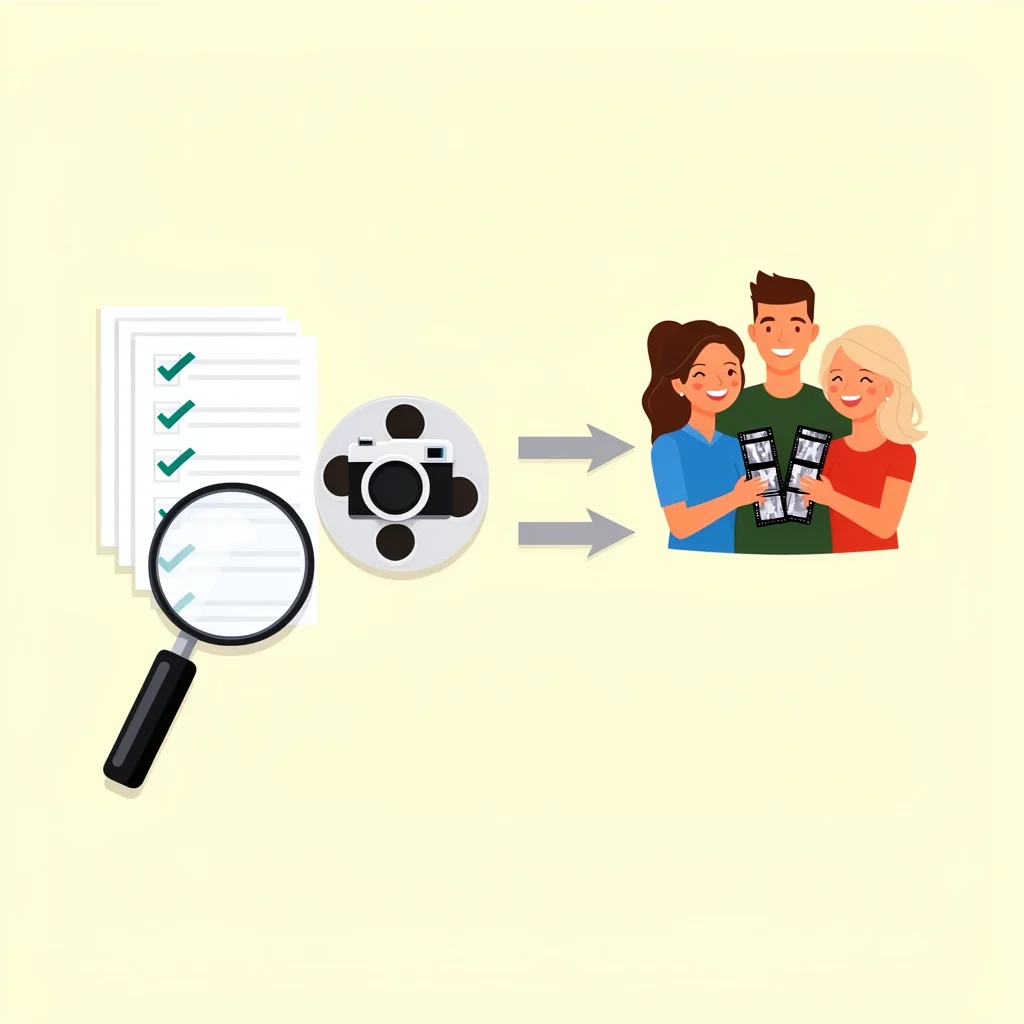 Find right wedding videographer budget guide A magnifying glass over a checklist with camera and film reel, leading to a happy couple with a film strip.