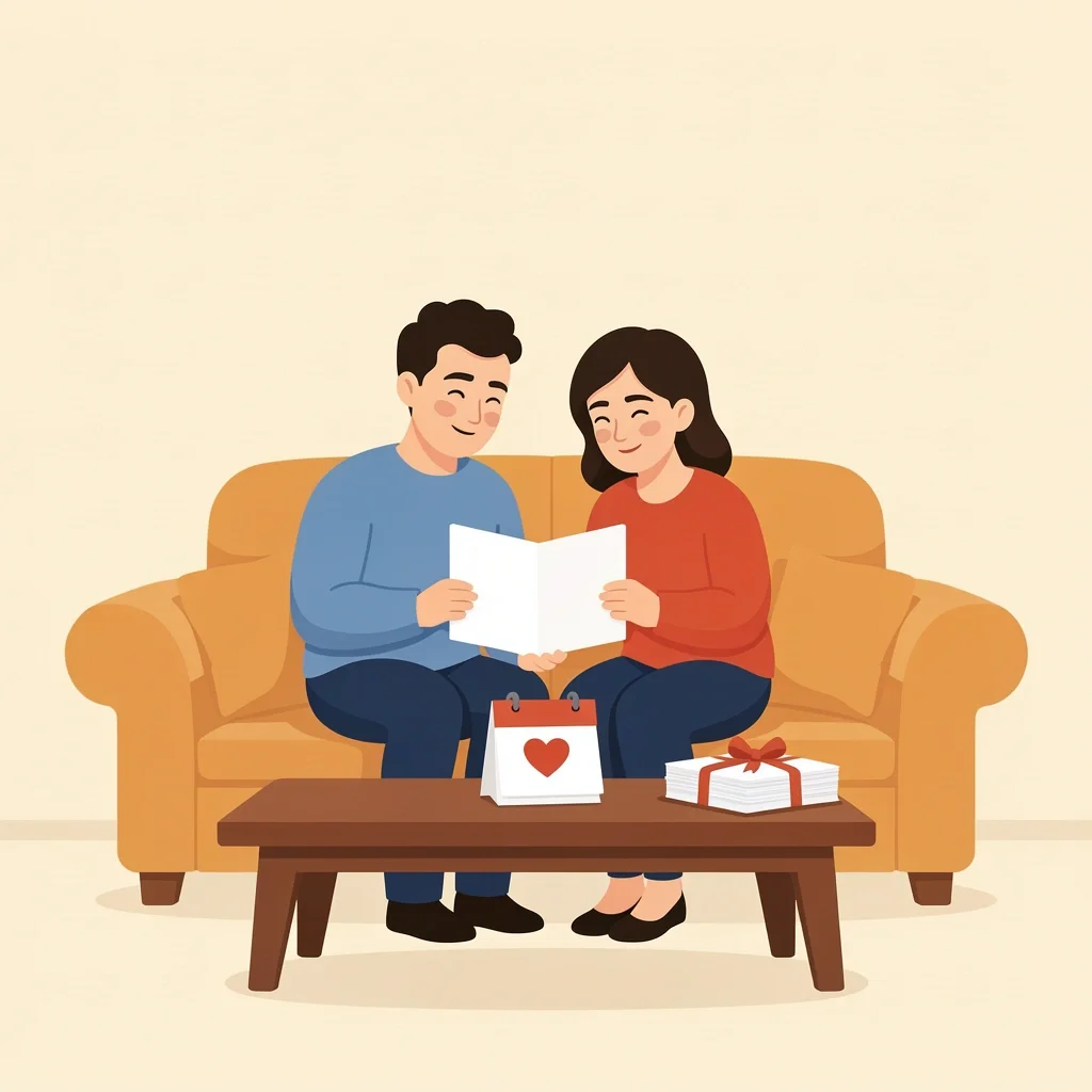 Couple reading wedding cards on their first anniversary with a calendar showing the date