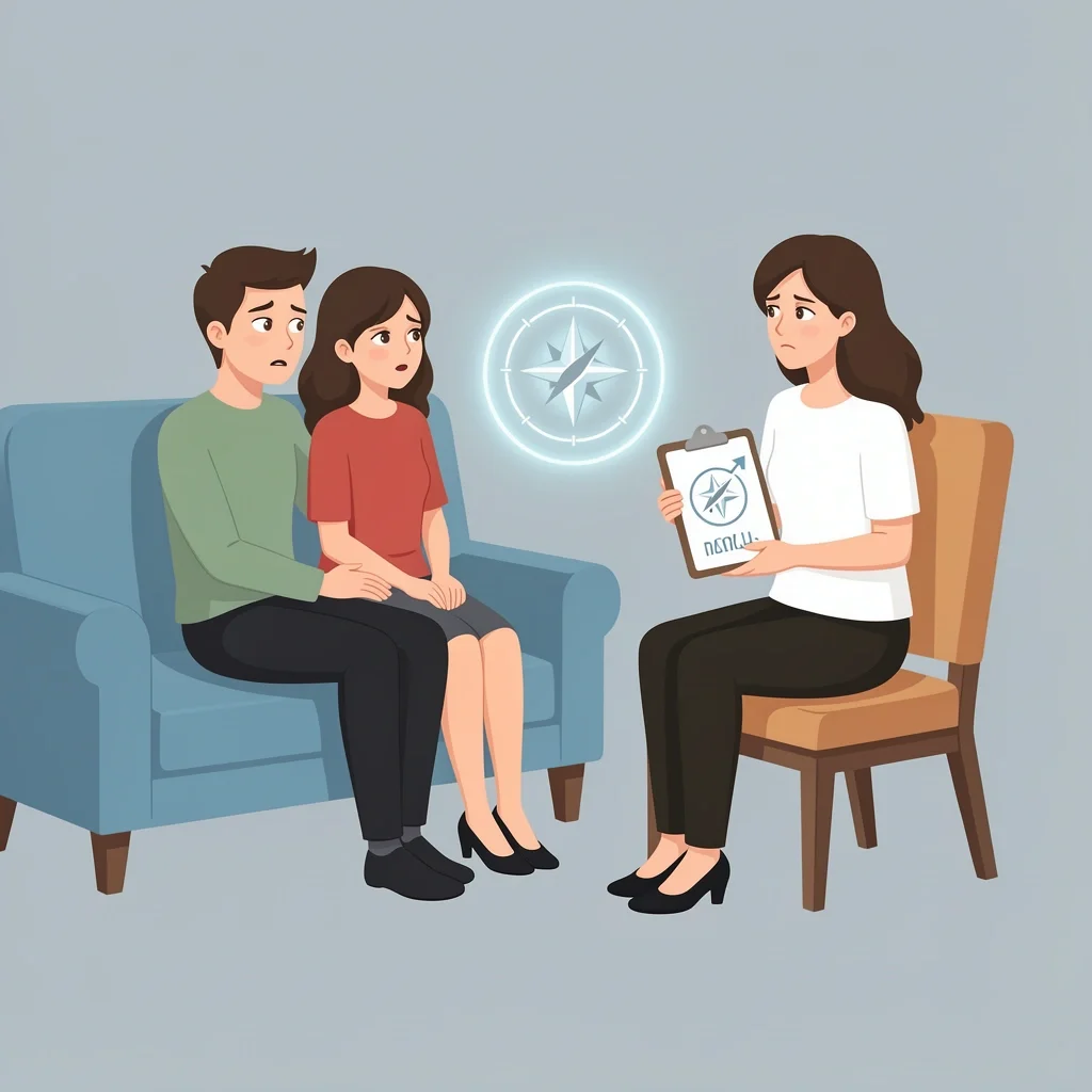 Couple and therapist in the first session with a glowing compass symbol between them representing exploration and direction