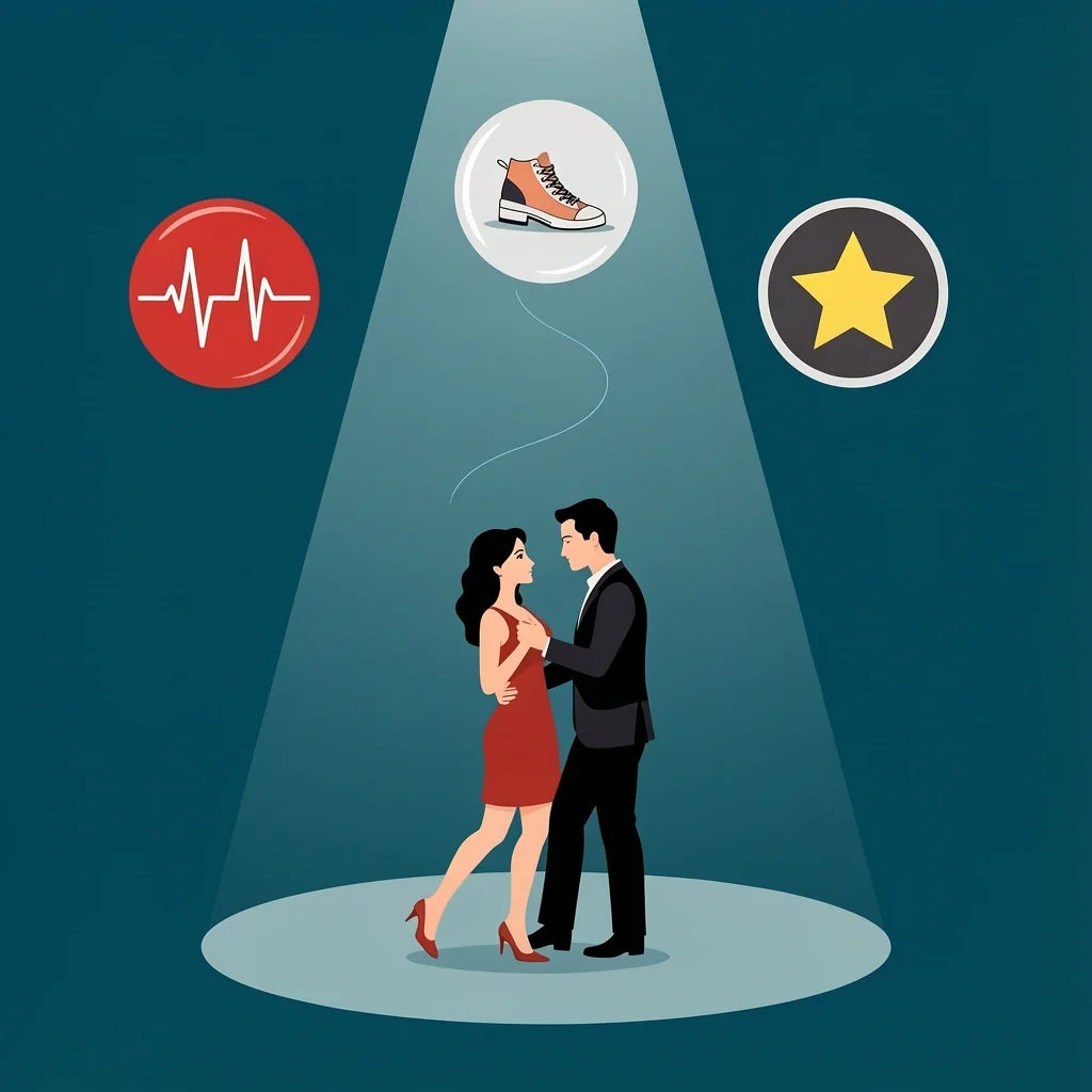 A couple dancing under a spotlight with floating symbols representing different song meanings: lyrical, celebratory, and obscure.