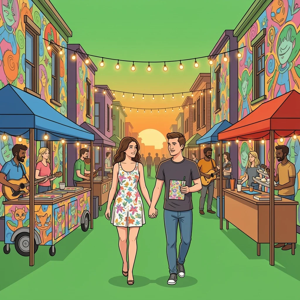 Cheap and Fun First Fridays Date Couple enjoying free art walk and street food during First Fridays in Phoenix