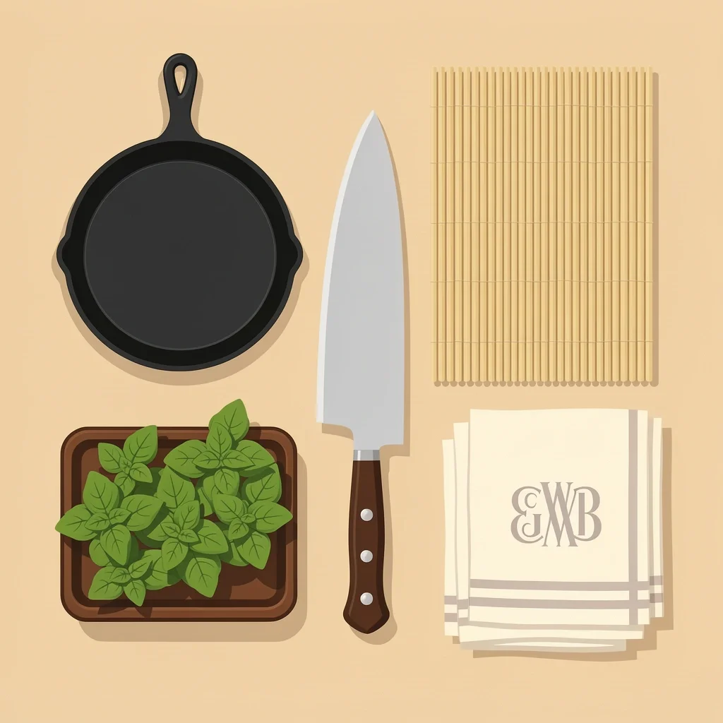 First Home Wedding Gift Ideas Flat-lay vector of essential gifts for first-time cohabiters: skillet, knife, sheets, herb garden, and towel