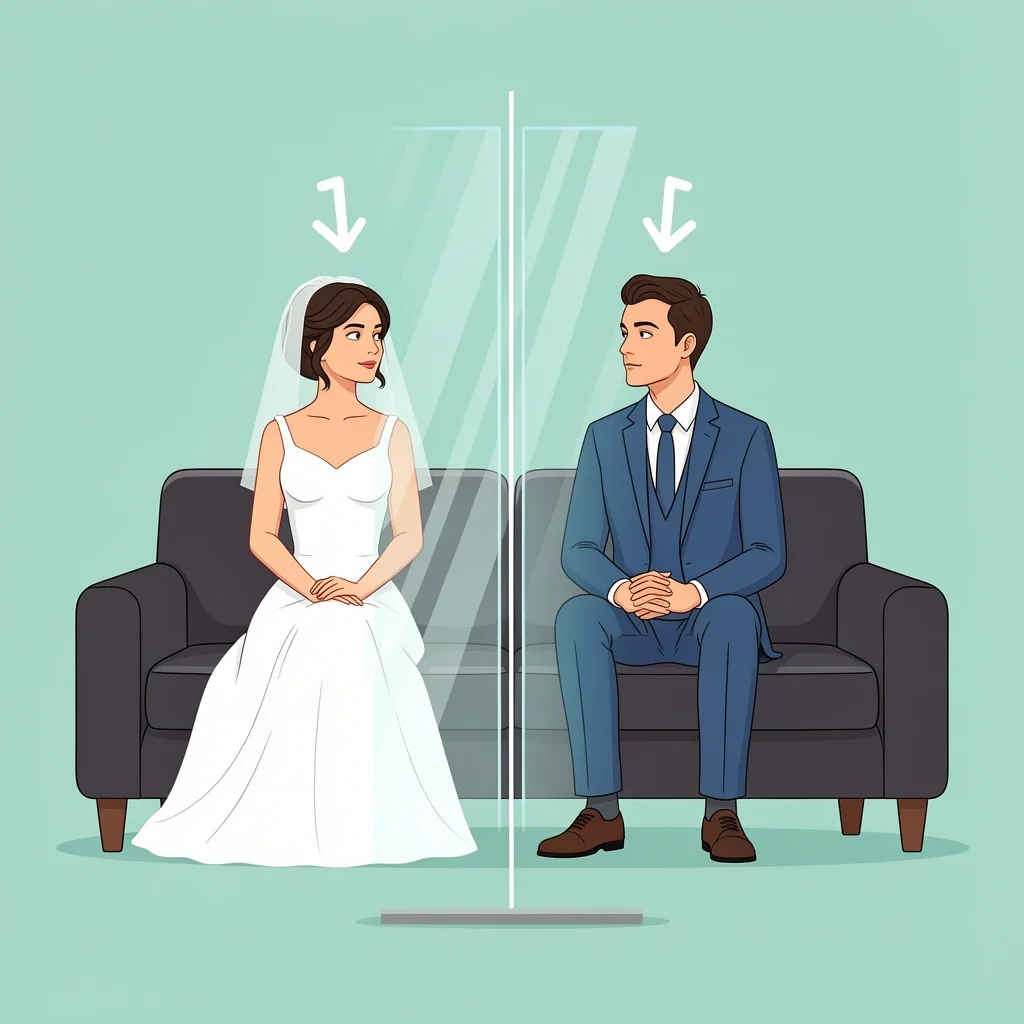 Newlywed couple on couch with glass wall and arrows showing conflicting expectations