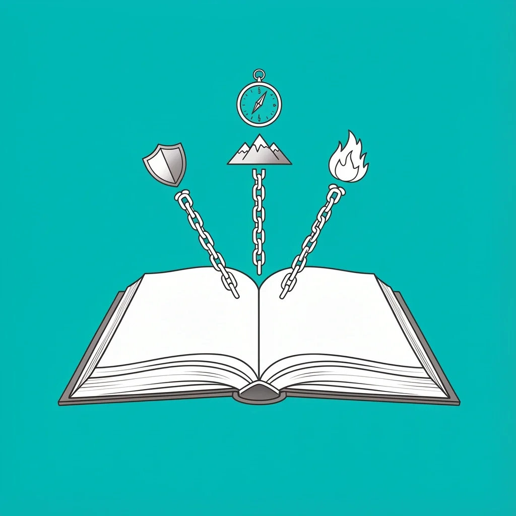 Open book with five icons rising from its pages representing different devotional themes for men