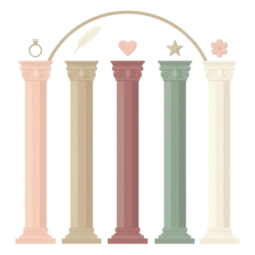 Five Pillars of Wedding Bliss Brand Five pastel columns with icons supporting a wedding arch representing the pillars of a wedding bliss brand