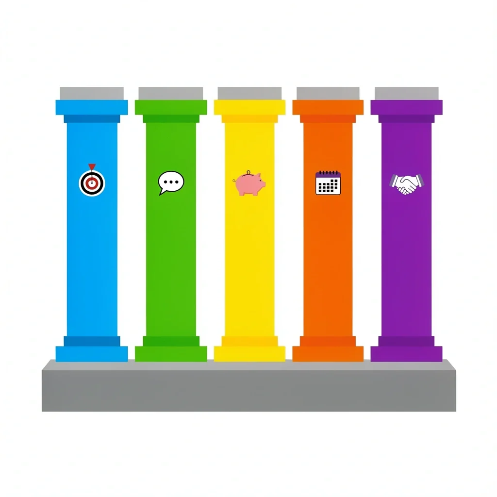 Five Pillars of Wedding Planning Five colorful pillars with icons representing clarity, communication, budget, timeline, and vendor relationships