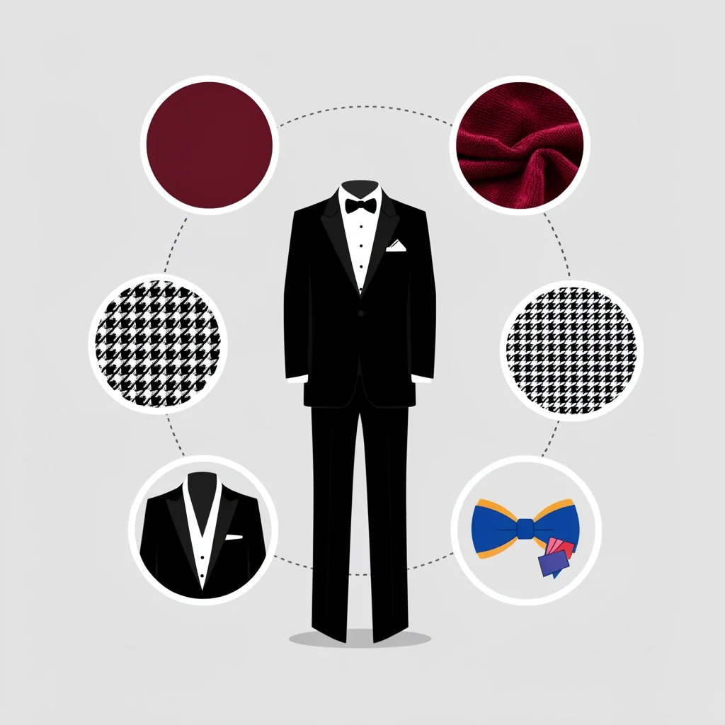 Five Fun Tuxedo Elements Infographic Five icons around a classic tuxedo silhouette representing color, texture, pattern, silhouette, and accessories as ways to make a tuxedo fun.
