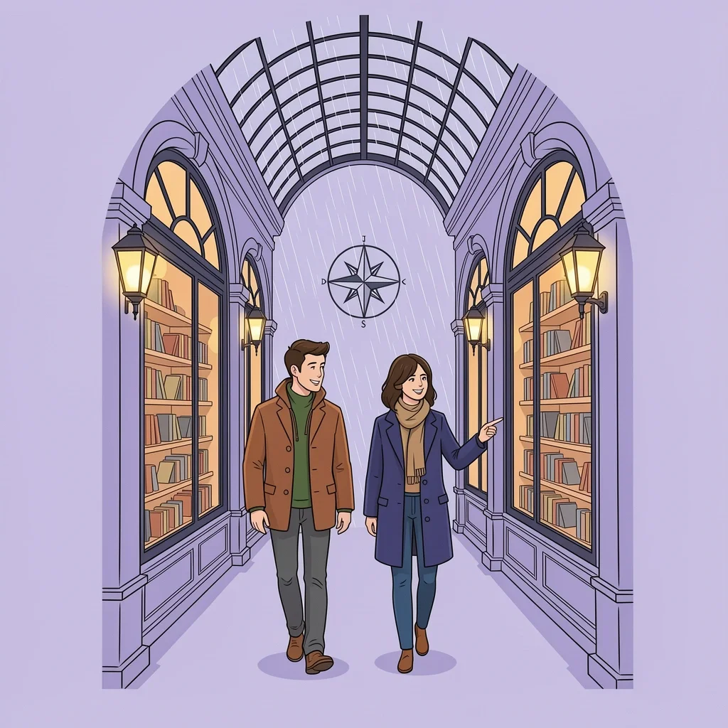 Art of Flânerie in Paris Alegria style illustration of a couple strolling through a Parisian covered arcade, symbolizing the art of flânerie.