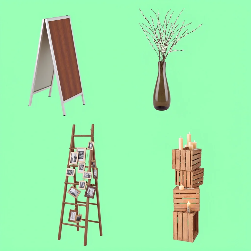 Collage of floor-to-table wedding decor: A-Frame sign, tall floor vase, ladder display, stacked crate columns.