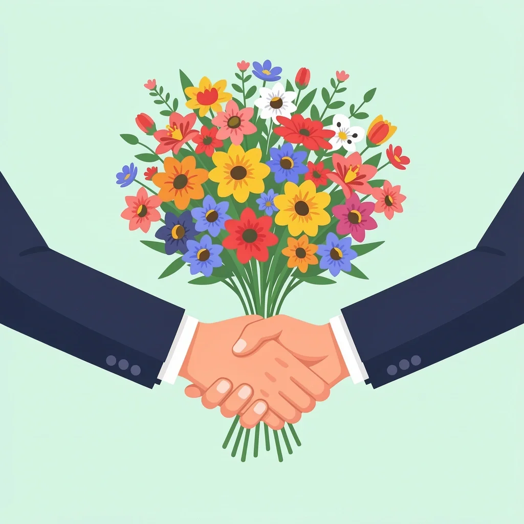 Handshake between florist and client with flowers growing from the handshake representing a floral contract agreement