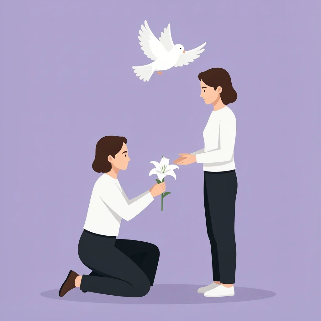 A kneeling person offering a lily to another with a dove above, symbolizing forgiveness