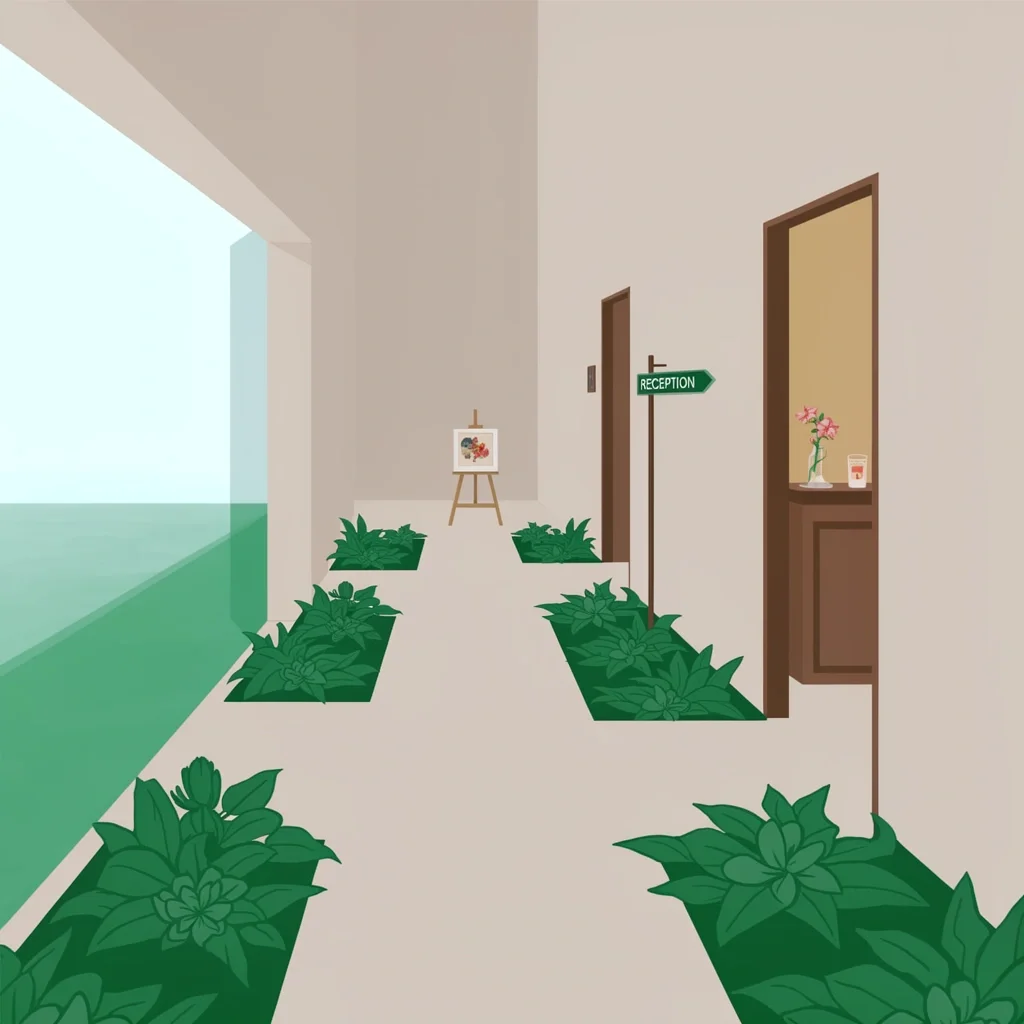 Decorated hallway with greenery floor arrangements, easel art, and directional sign, plus restroom upgrade with flower and candle.
