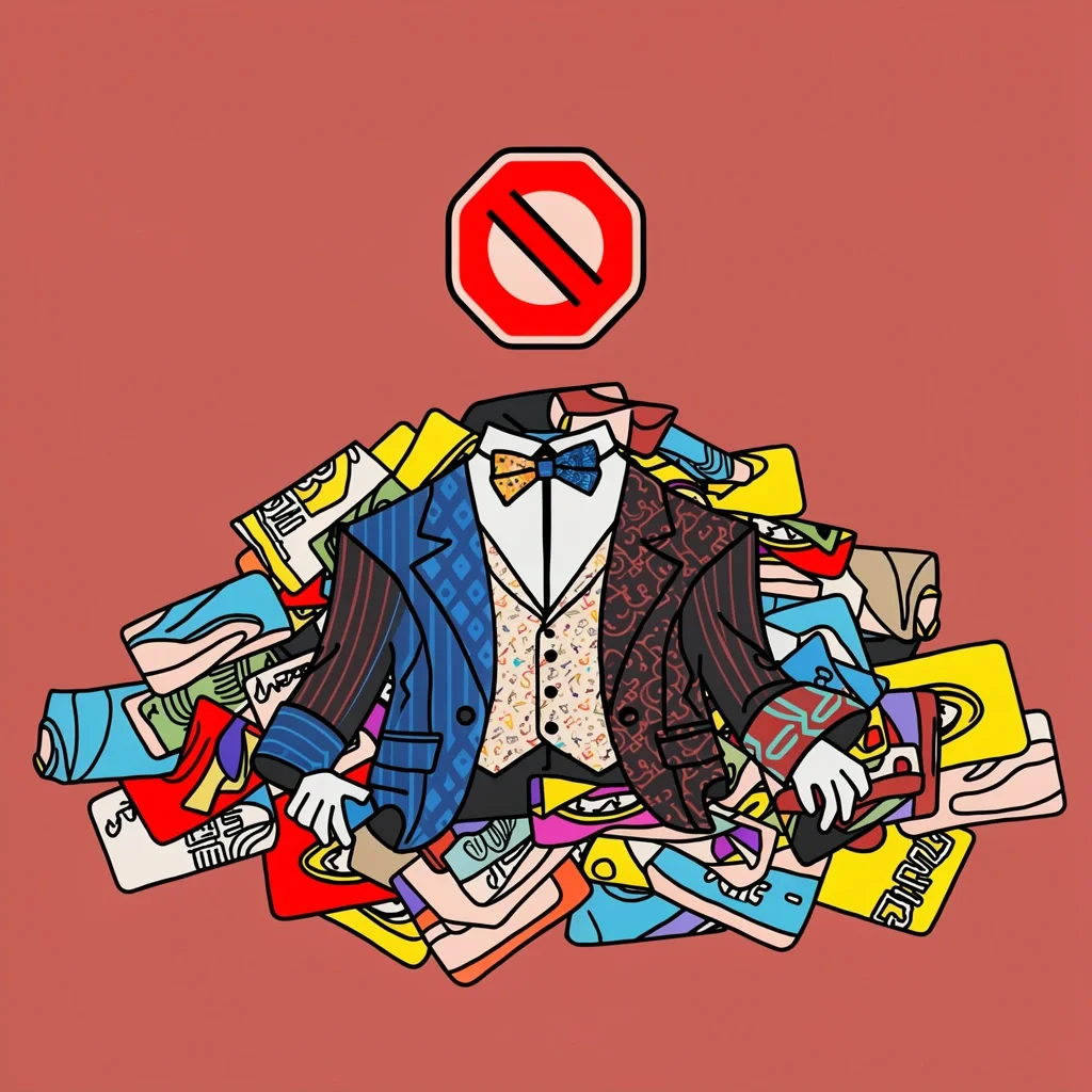 Formal Decay Trap Warning A messy pile of mismatched tuxedo pieces with a red warning icon overhead, representing the formal decay trap of adding too many fun elements.