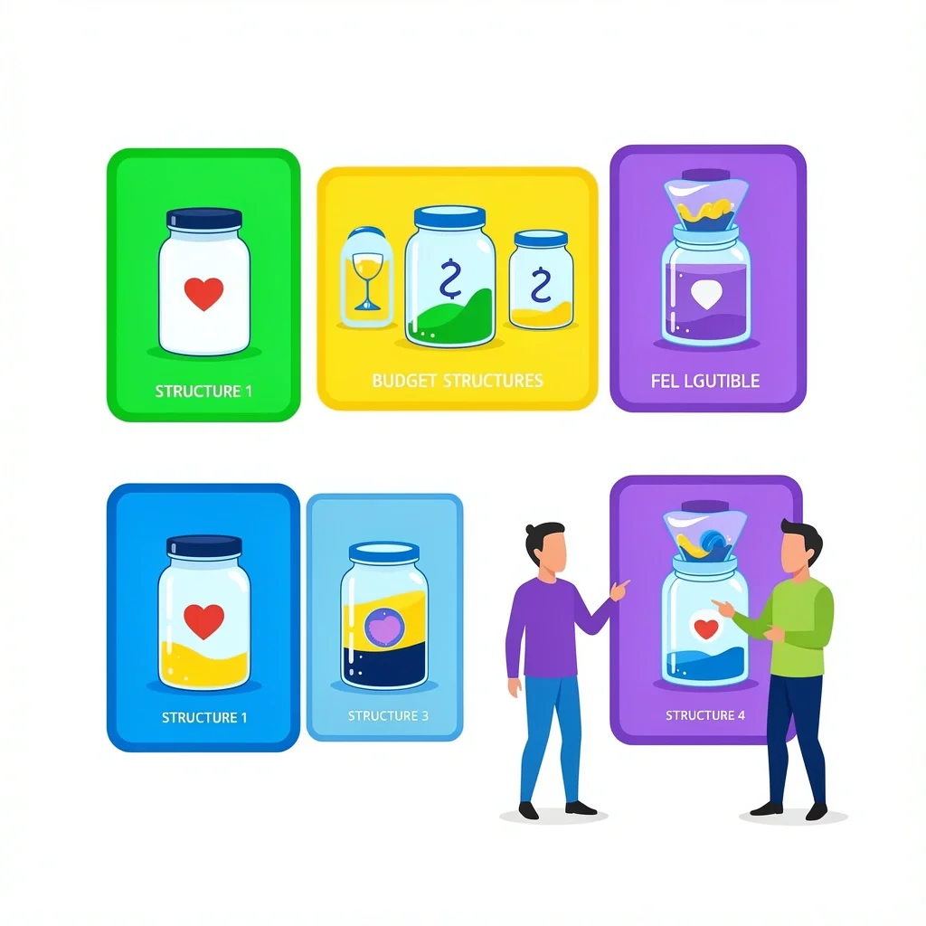 Four Budgeting Structures for Couples Four budgeting structures visualized as jars: combined, three-bucket, proportional split, and hybrid variable, with a couple choosing.