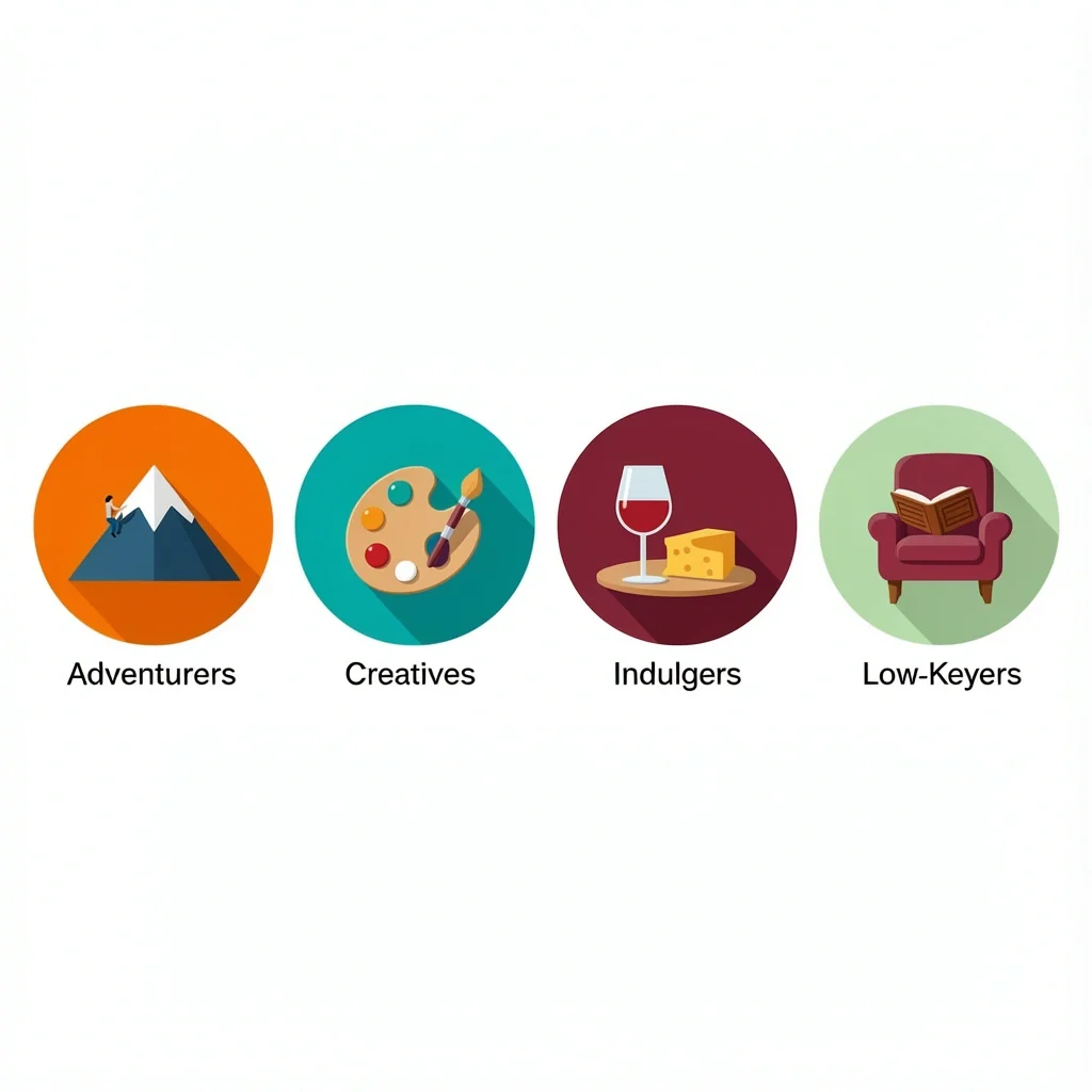 Date Night Personalities Icons Four icons representing date night personalities in Indianapolis: climber, paint palette, wine and cheese, and cozy armchair