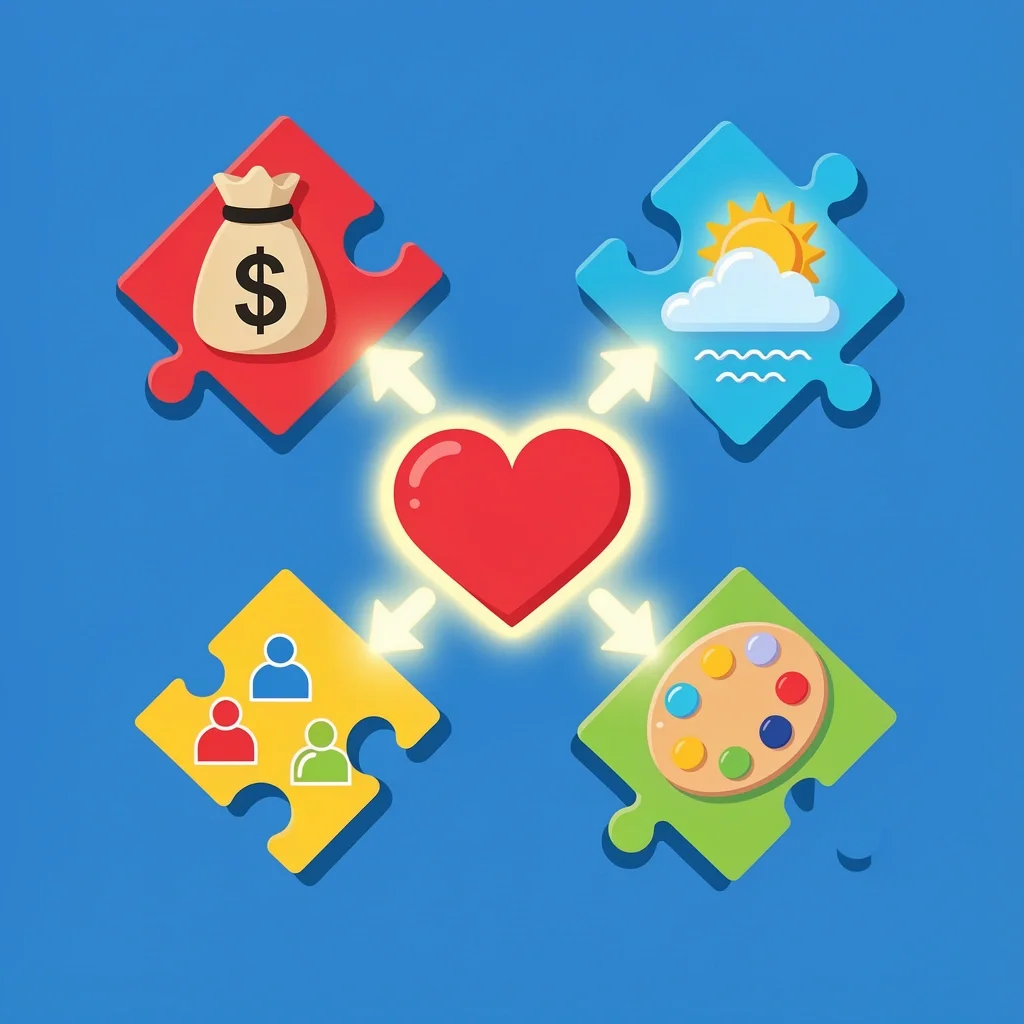 Wedding Decision Framework Four interlocking puzzle pieces representing budget, weather, guest availability, and aesthetic for wedding planning