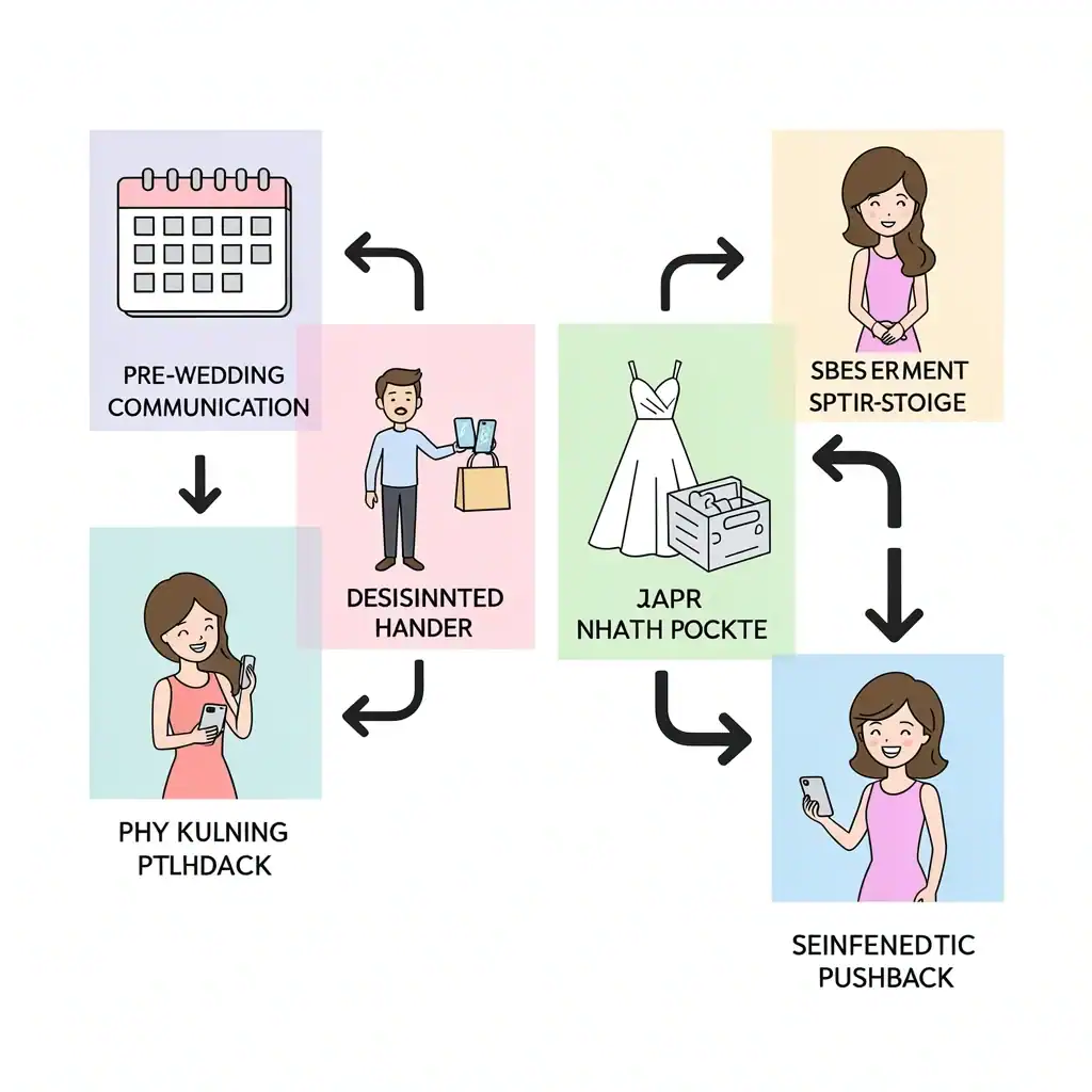 Four-Part Phone Management System Vector illustration of a four-step flowchart for managing bridesmaid phones during a wedding.