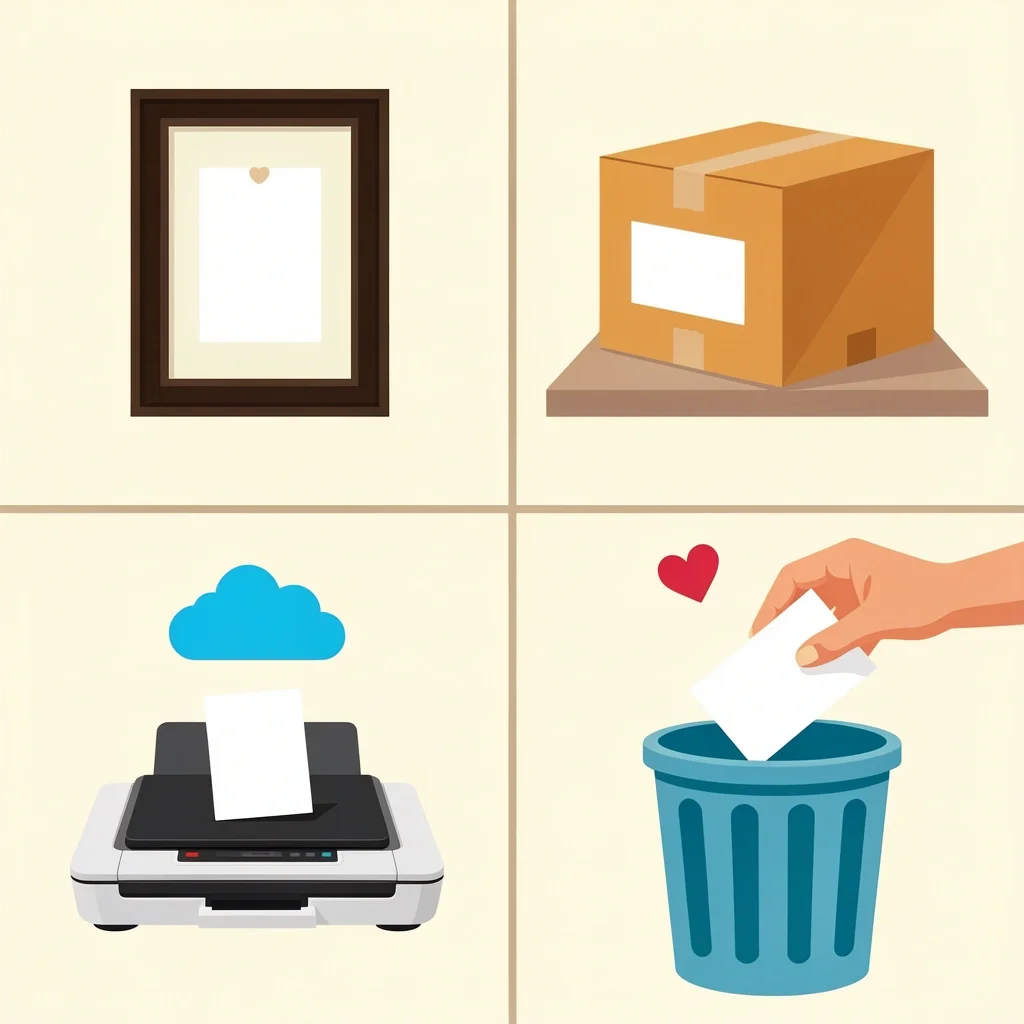 Four scenes showing display, storage, digital scanning, and recycling of wedding cards