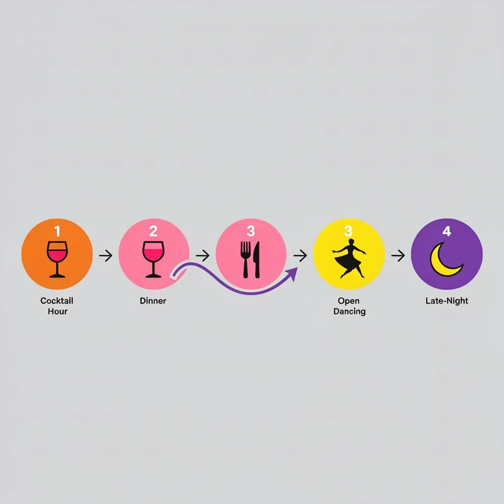 Wedding Reception Playlist Phases Flat vector timeline illustration showing four phases of wedding reception playlist: cocktail hour, dinner, open dancing, and late-night with icons