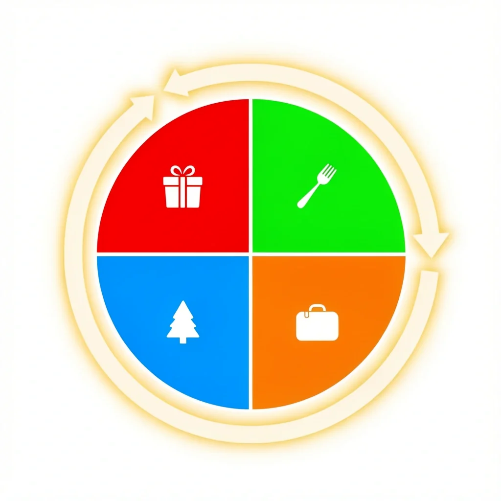 Four Pillars Christmas Budget Pie Chart A colorful pie chart divided into four segments each with an icon (gift box, fork, tree, suitcase) representing the four pillars of Christmas spending.