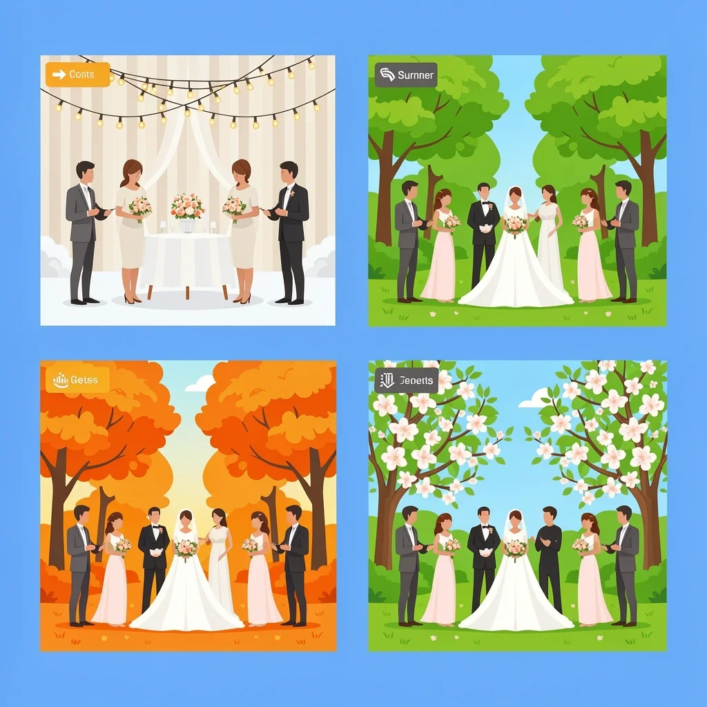 Wedding Season Comparison Comparative illustration of four wedding seasons highlighting budget, weather, guest, and aesthetic differences