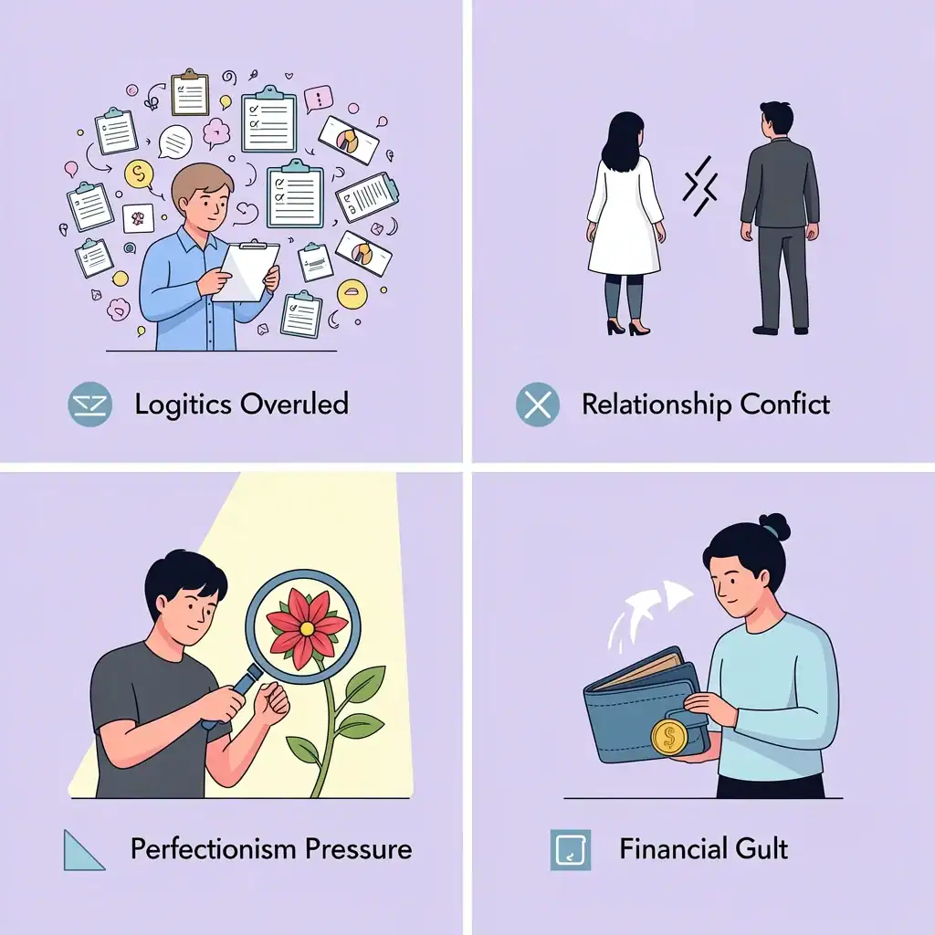 Wedding Stress Types Infographic Four characters each representing a different wedding stress type: logistics overload, relationship conflict, perfectionism pressure, and financial guilt