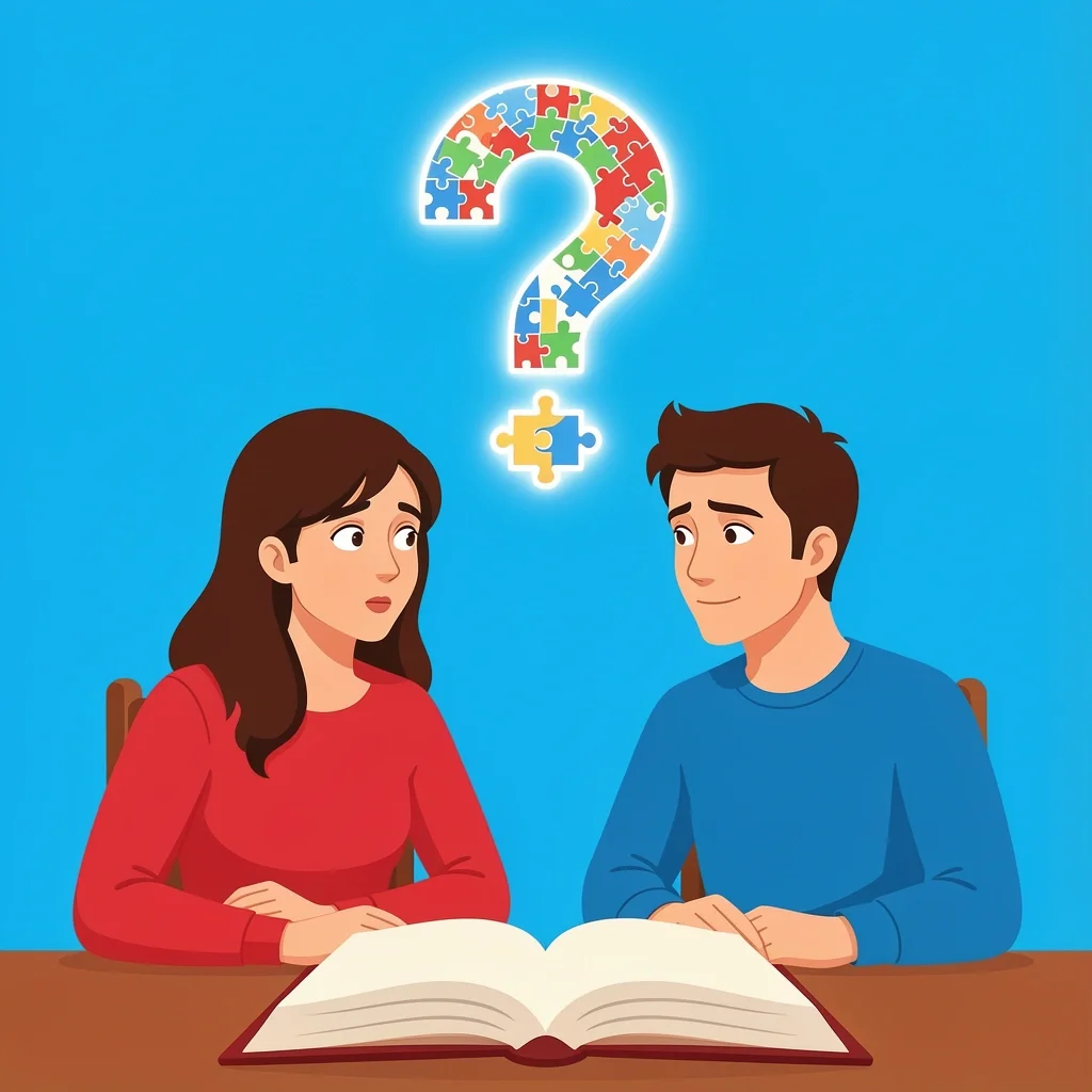 Couple looking curiously at a floating puzzle question mark above a book