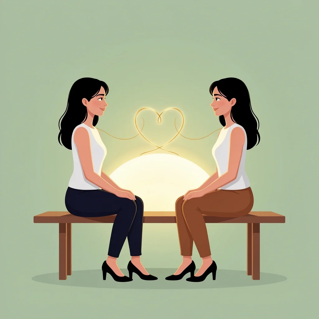 Two women sitting apart on a bench connected by a golden thread symbolizing enduring friendship after wedding