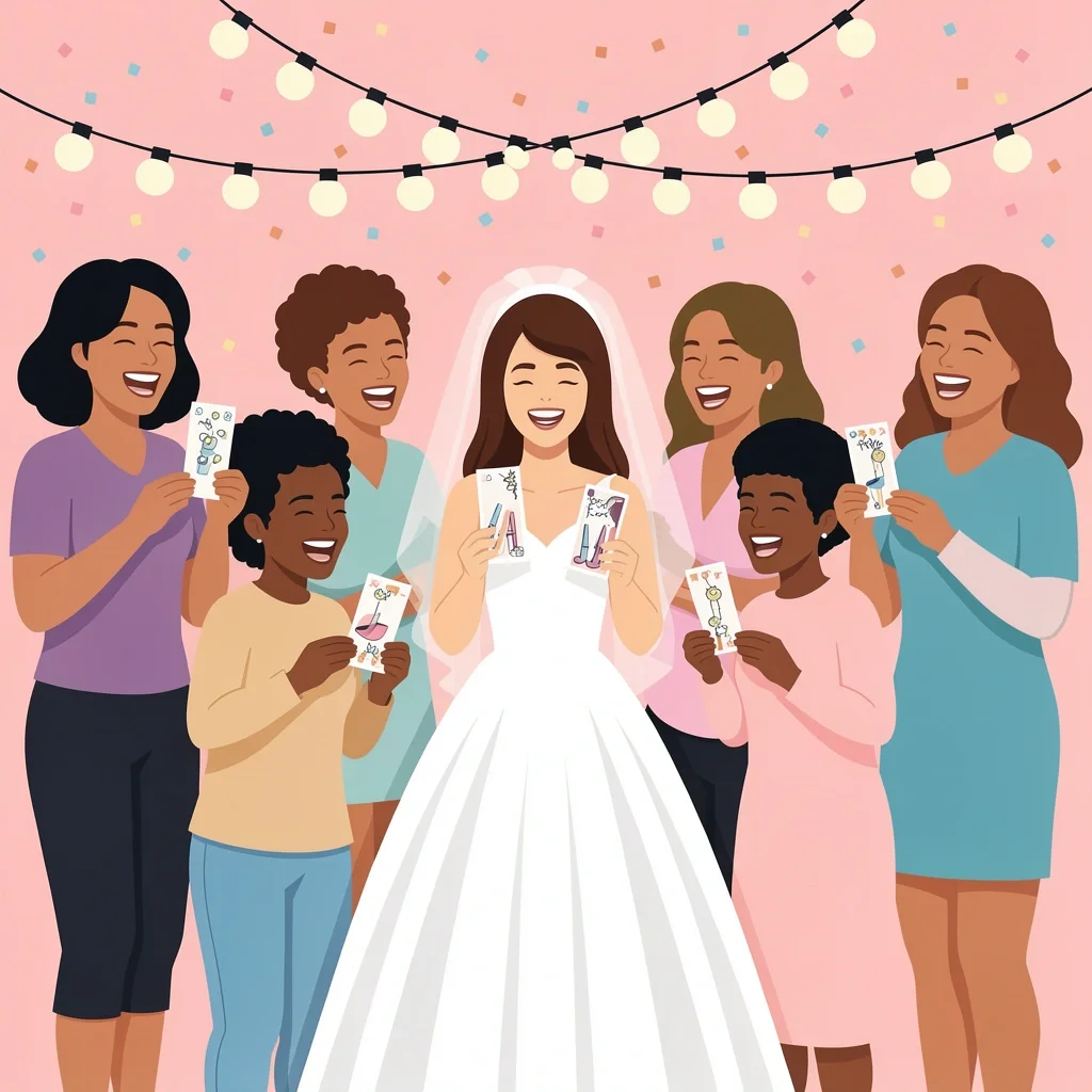Diverse group of women laughing and playing bridal shower games around the bride