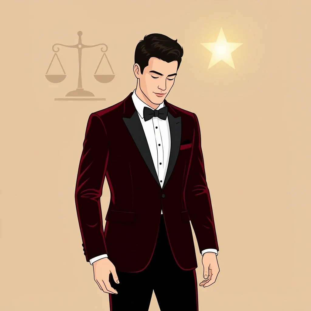 Confident groom in a burgundy velvet tuxedo jacket with a classic black bow tie, standing in a modern minimalist room, representing a fun wedding tuxedo look.