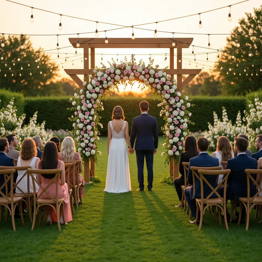 Couple standing under a flower-covered arch at a garden wedding during golden hour
