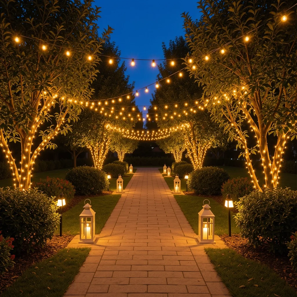 Garden Wedding Lighting Garden path illuminated with string lights and lanterns for evening wedding