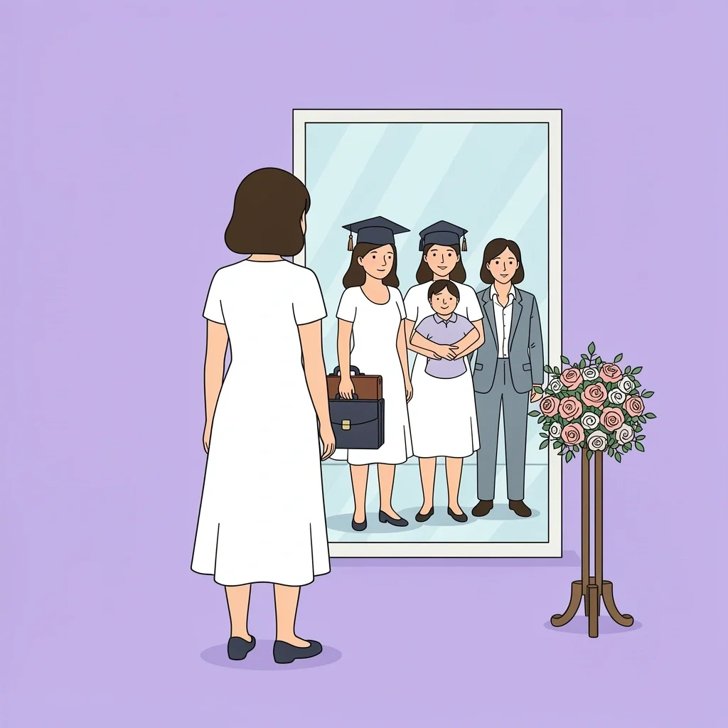 Gender and Identity in Wedding Culture Bride looking at mirror reflecting life stages of graduation, career, and family symbolizing identity
